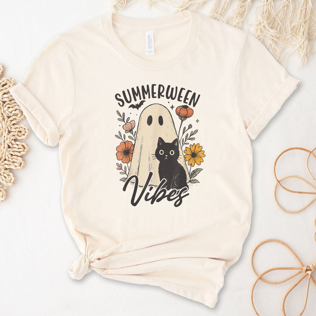 Summerween Vibes Ghost and Back Cat Floral Unisex Premium Bella Canvas 3001 T-Shirt
