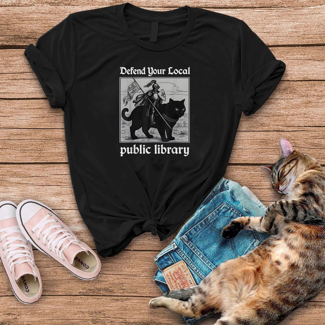 Defend Your Local Public Library Funny Knight Cat T-Shirt