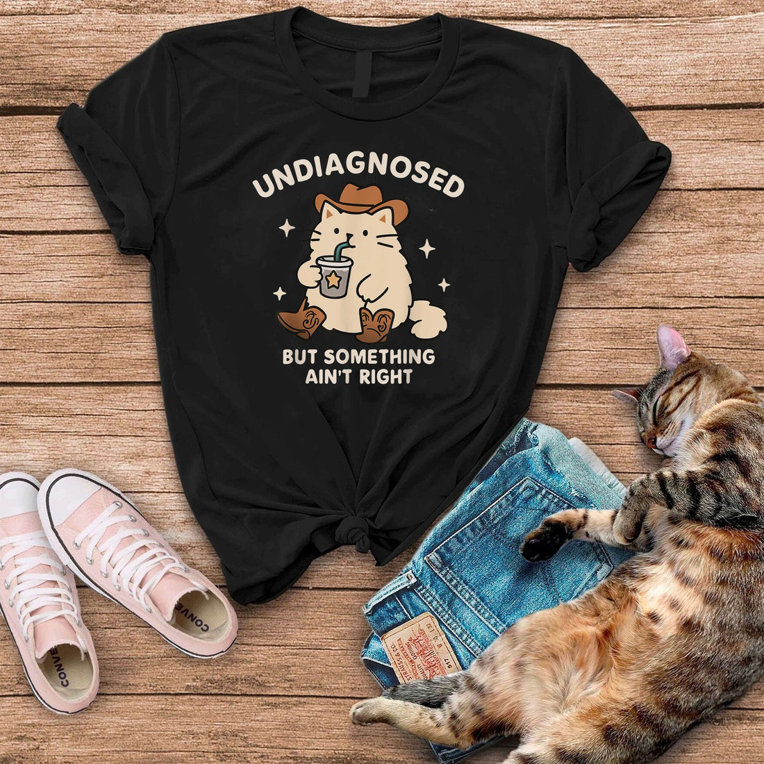 Funny Undiagnosed But Something Ain't Right Cowboy Cat ADHD T-Shirt