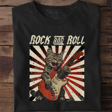 Rock And Roll Funny Guitar Cat T-Shirt