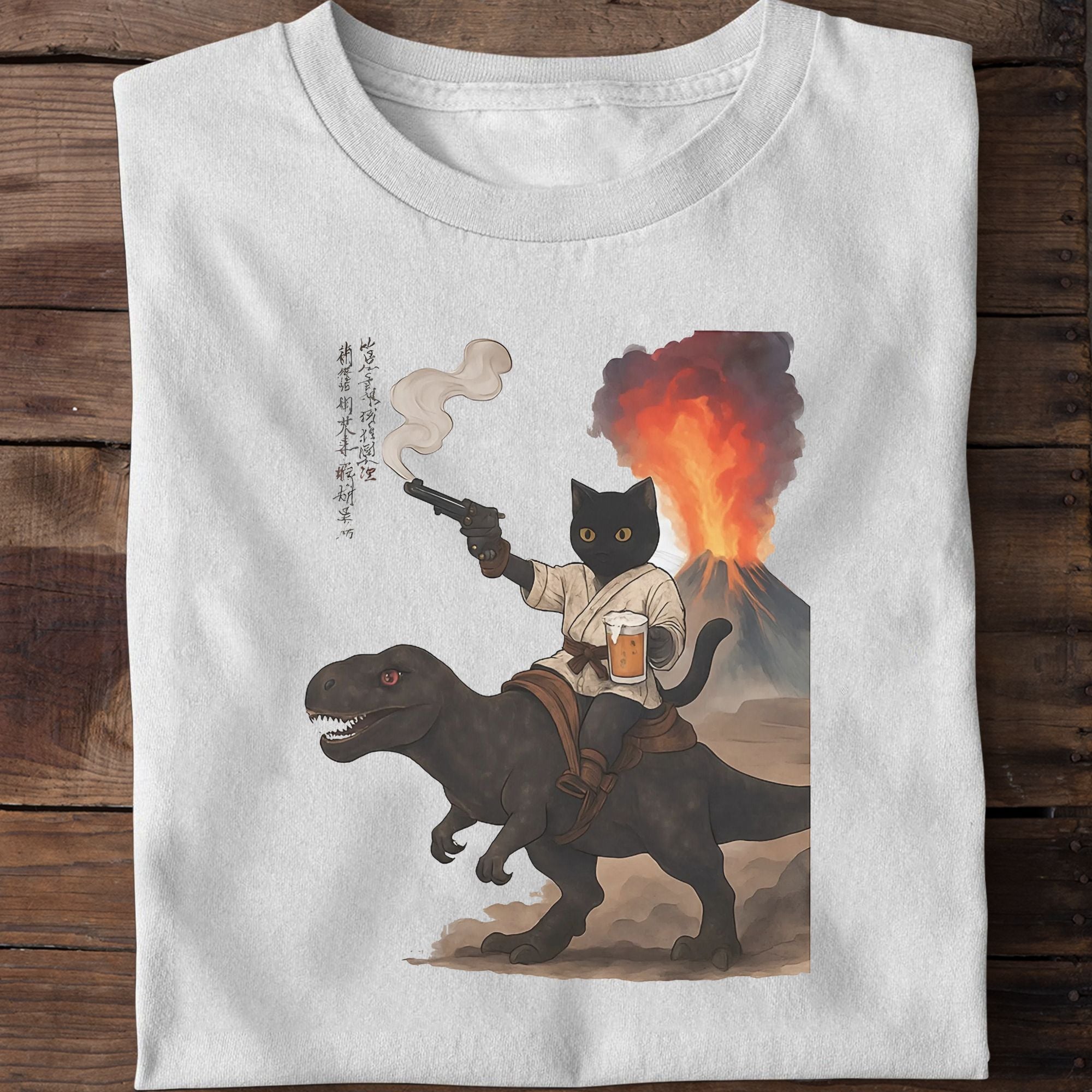 Black Cat Riding Dinosaur With Beer T-Shirt