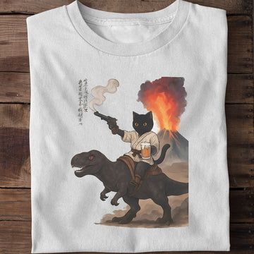 Black Cat Riding Dinosaur With Beer T-Shirt