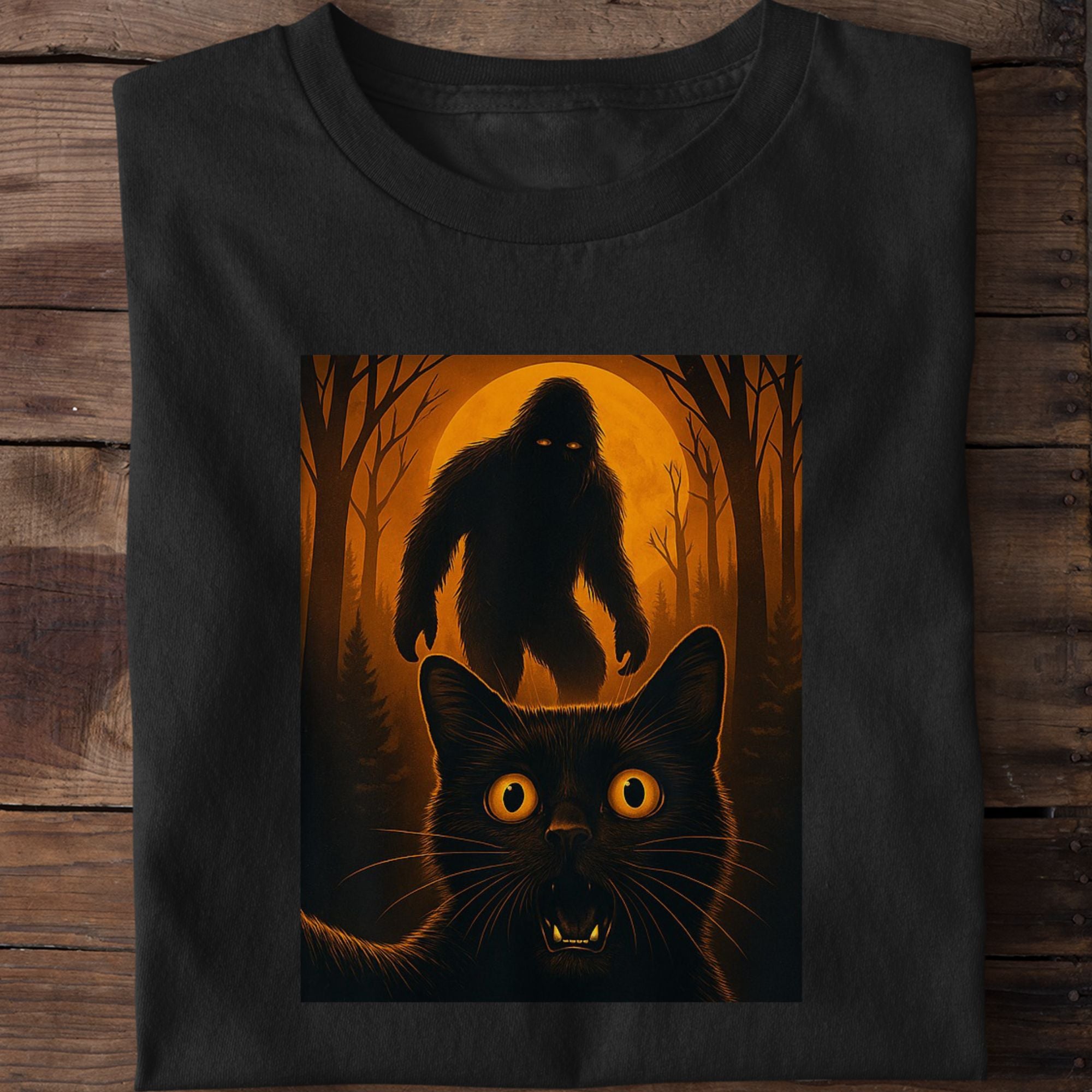 Scared Cat Selfie with Zombie Bigfoot Sasquatch Halloween Cat T-Shirt