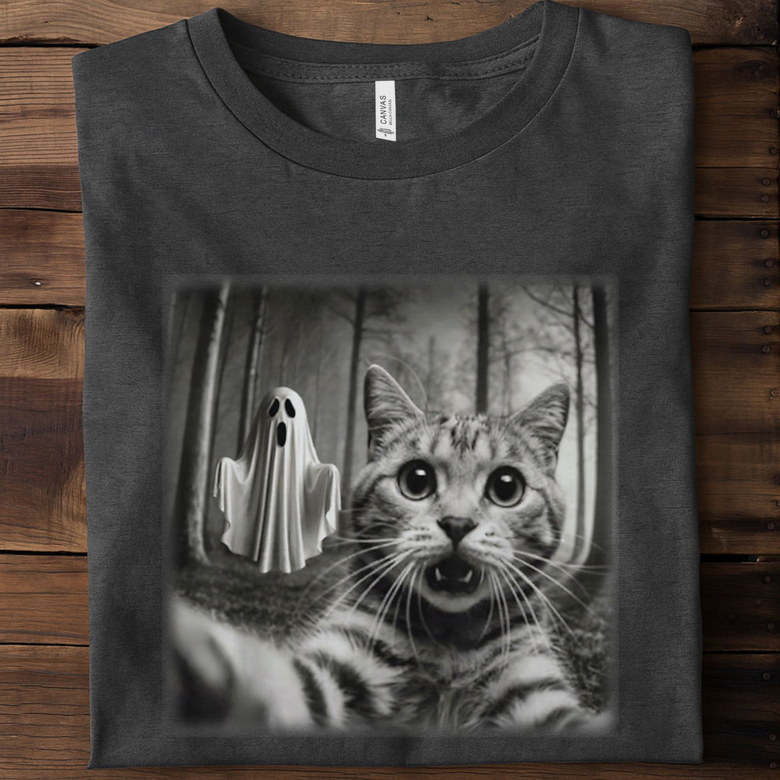Halloween Cat Selfie with Spooky Ghost Unisex Premium Bella Canvas 3001 T-Shirt