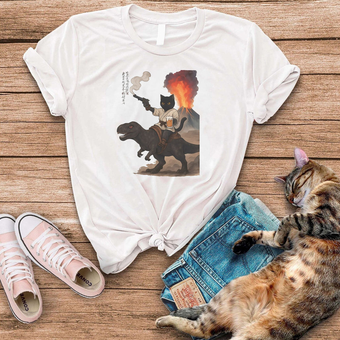 Black Cat Riding Dinosaur With Beer T-Shirt