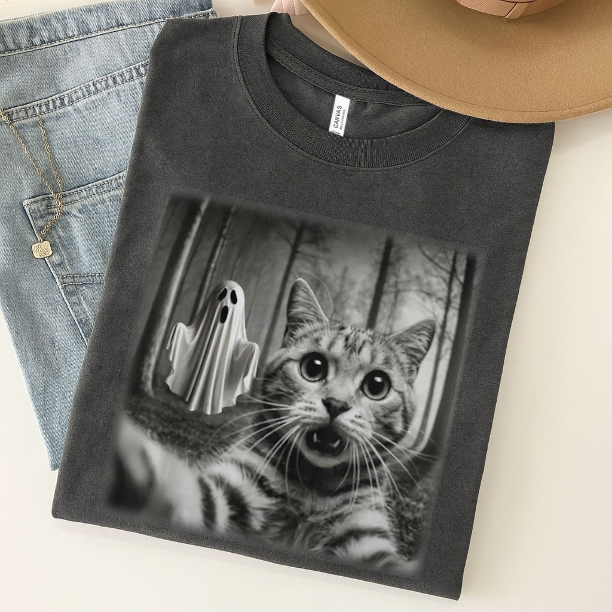 Halloween Cat Selfie with Spooky Ghost Unisex Premium Bella Canvas 3001 T-Shirt