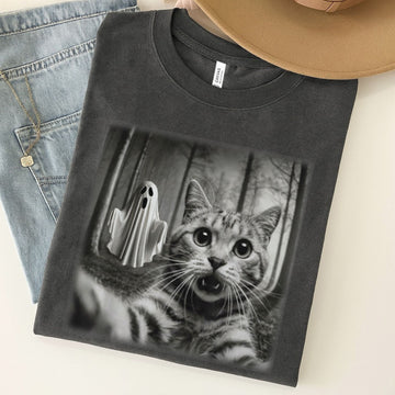 Halloween Cat Selfie with Spooky Ghost Unisex Premium Bella Canvas 3001 T-Shirt