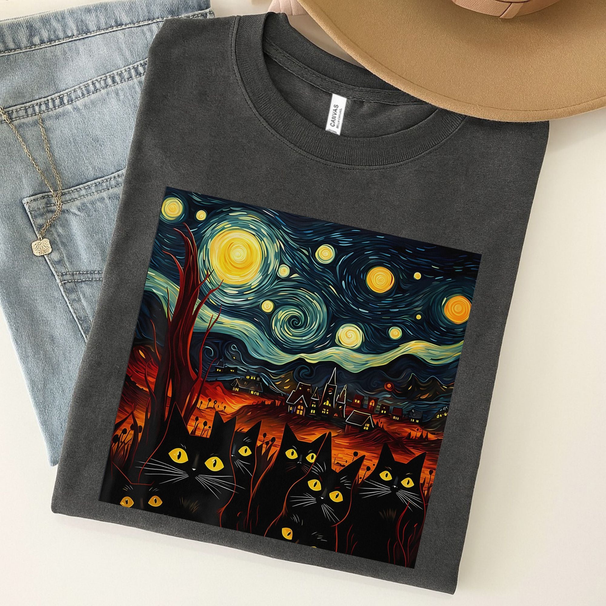 Starry Night Van Gogh Cat Unisex Premium Bella Canvas 3001 T-Shirt