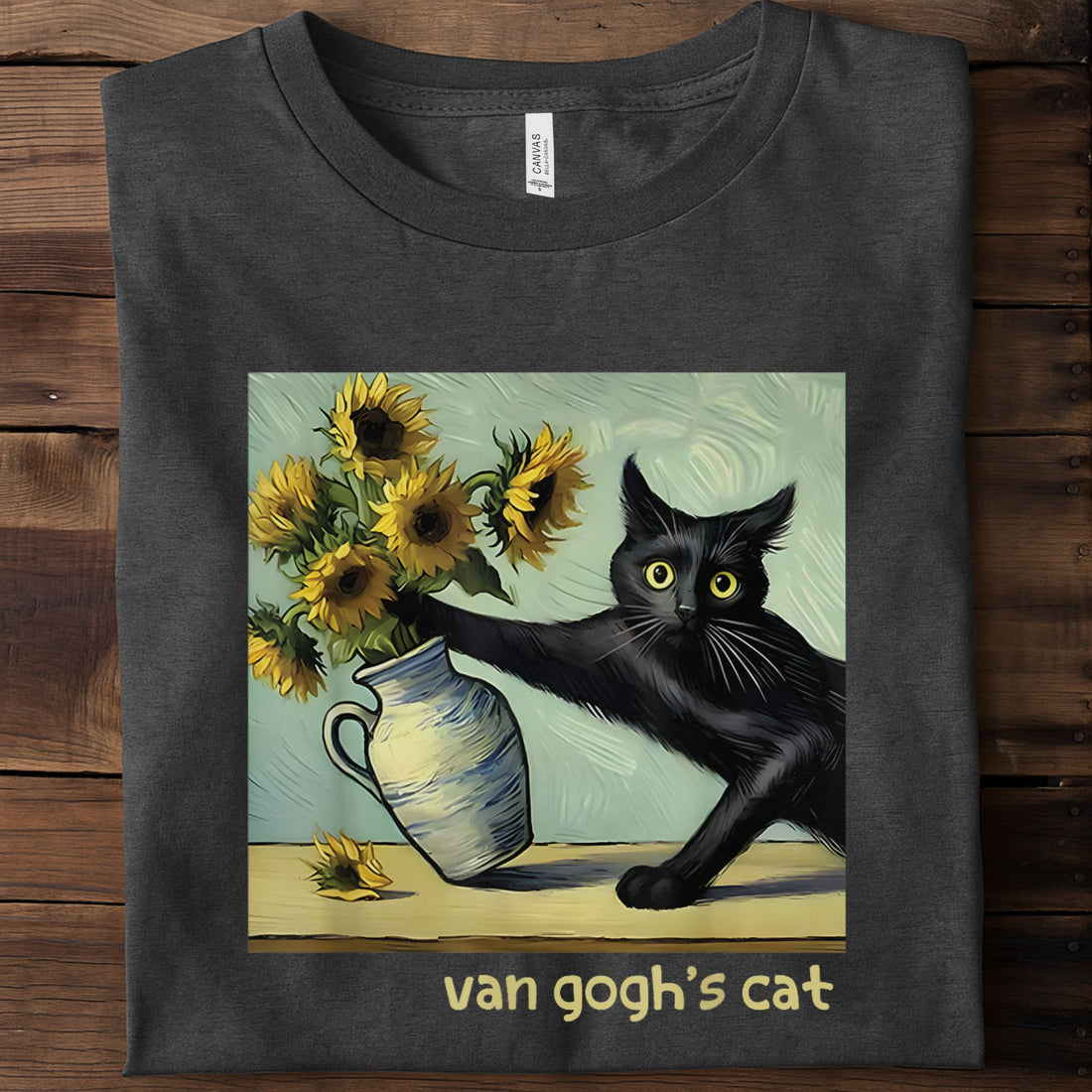 Black Cat With Sunflowers Van Gogh's Painting Unisex Premium Bella Canvas 3001 T-Shirt