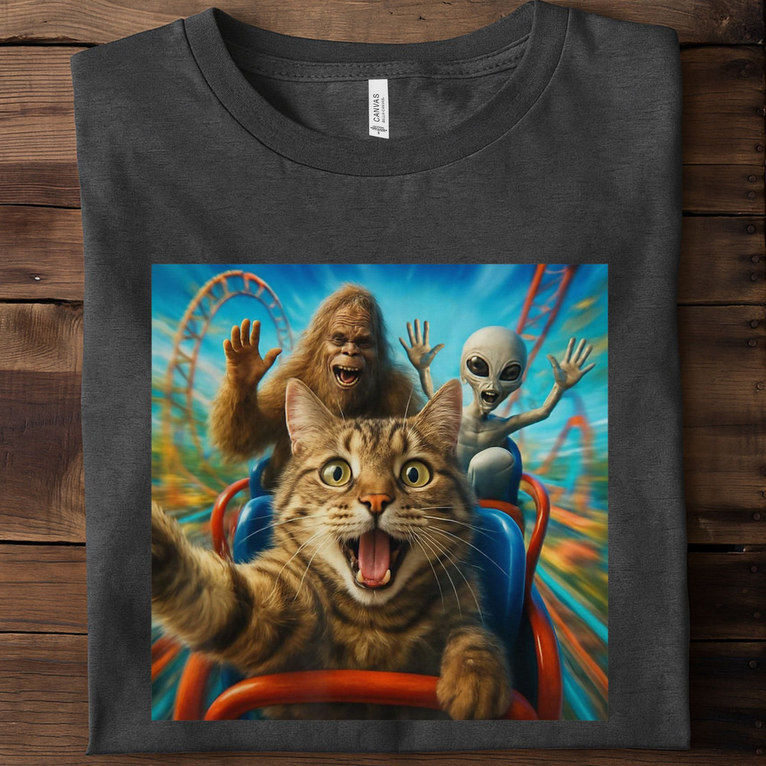 Cat Selfie with Big Foot & Alien Roller Coaster Unisex Premium Bella Canvas 3001 T-Shirt