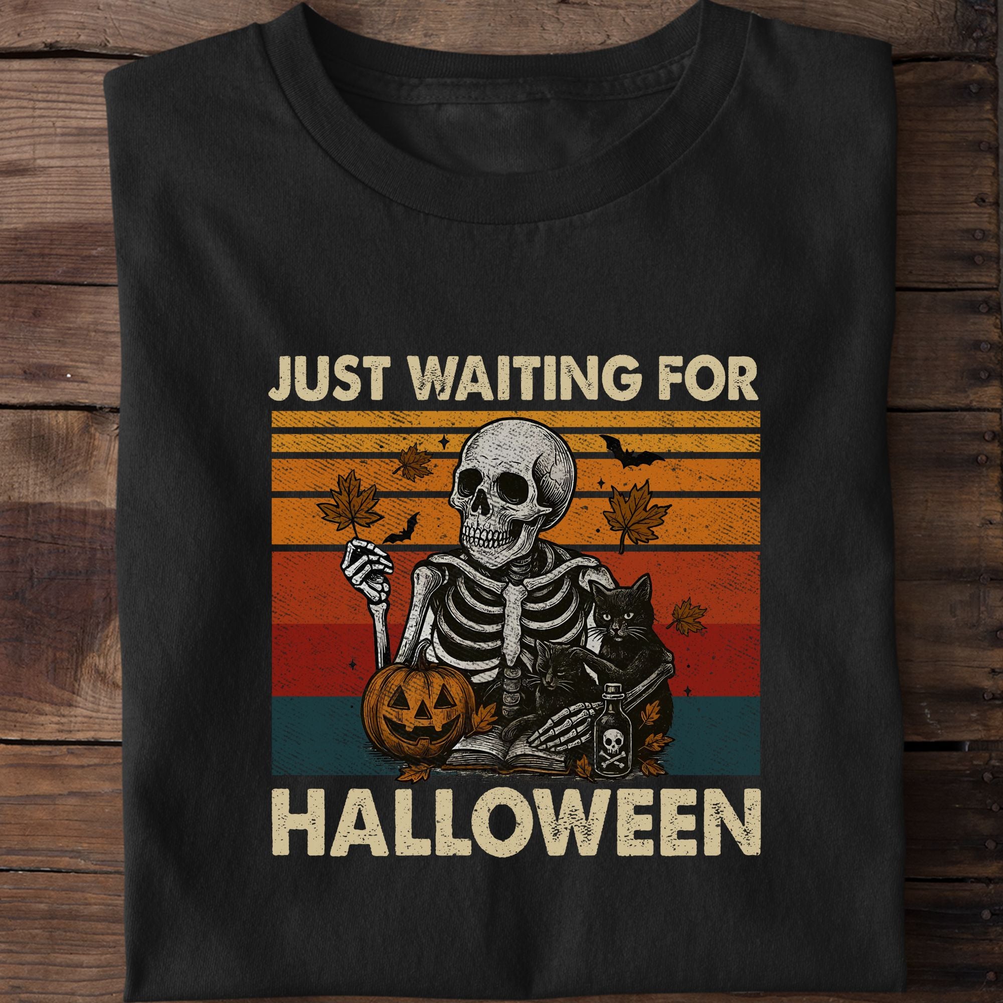 Just Waiting For Halloween Funny Cat Skeleton T-Shirt