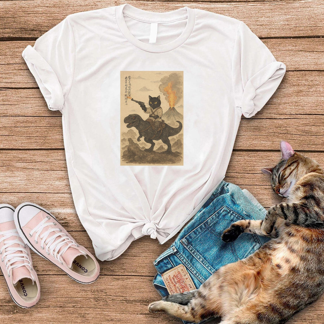 Black Cat Riding Dinosaur With Beer T-Shirt