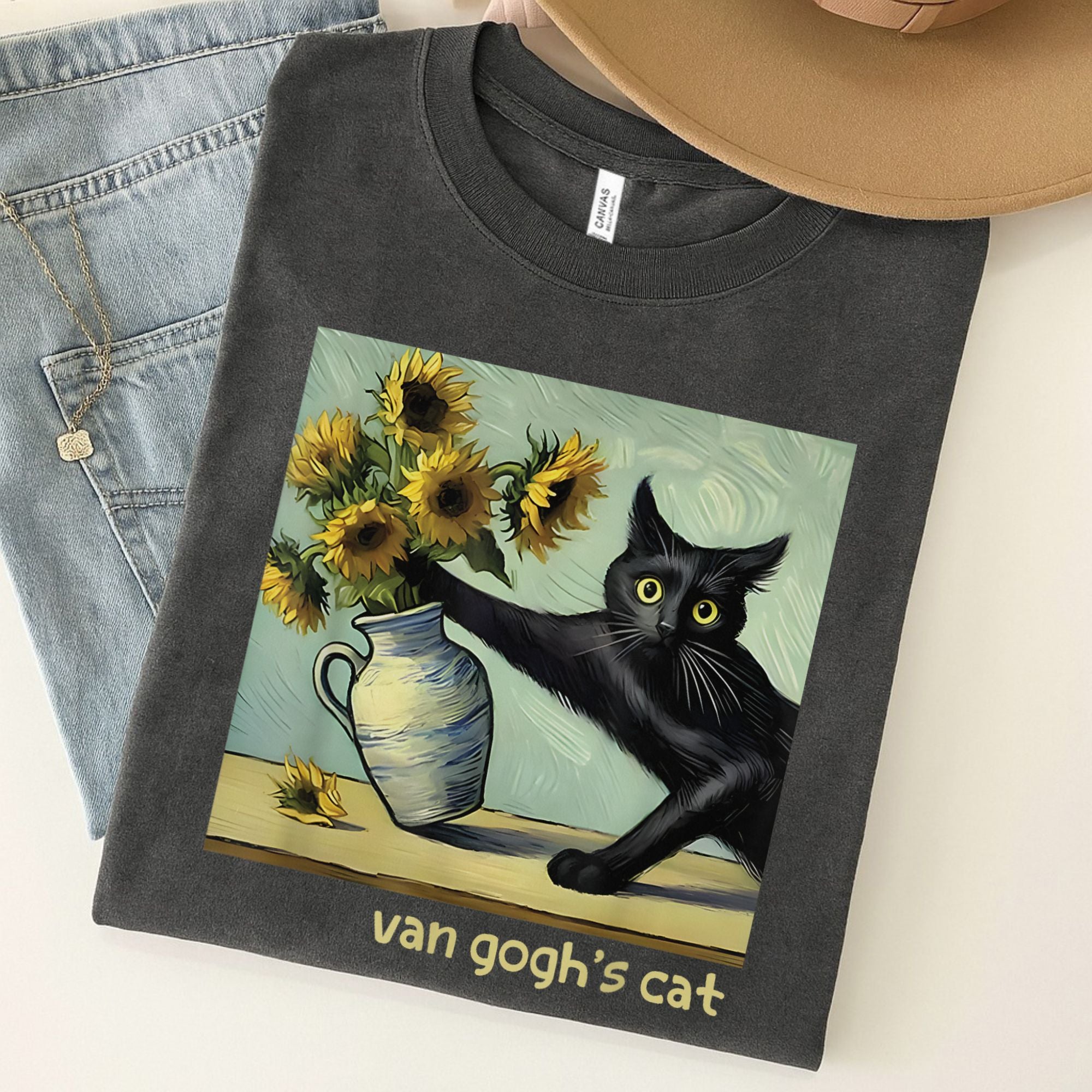 Black Cat With Sunflowers Van Gogh's Painting Unisex Premium Bella Canvas 3001 T-Shirt