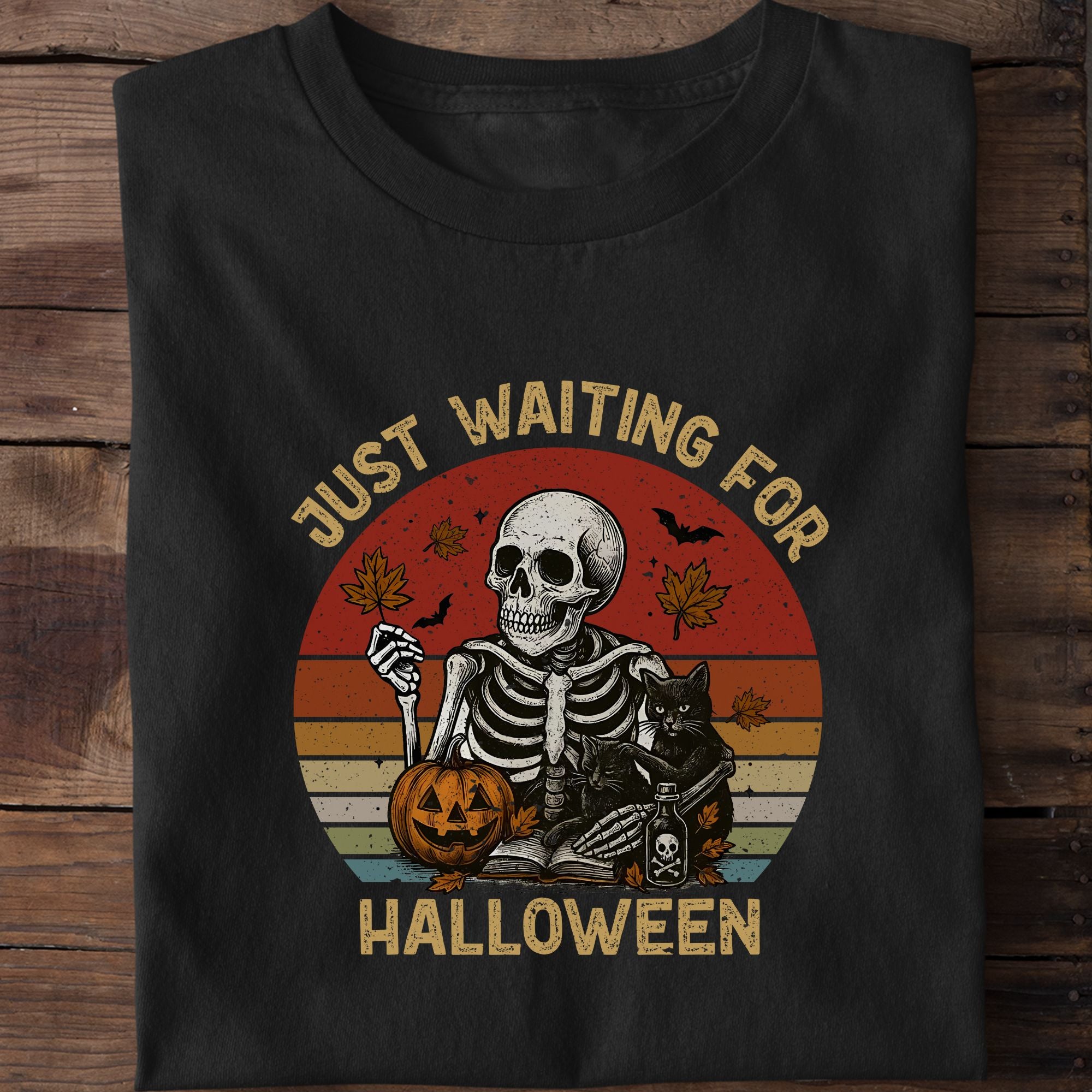 Just Waiting For Halloween Funny Cat Skeleton T-Shirt