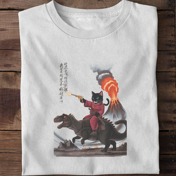Black Cat Samurai Riding Dinosaur T-Shirt