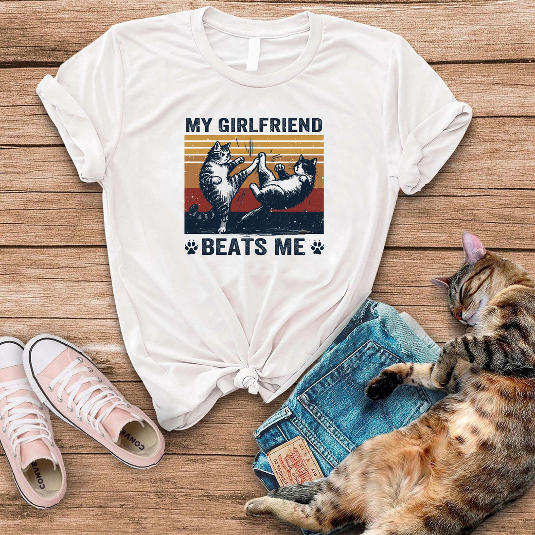My Girlfriend Beats Me Funny Cat T-Shirt