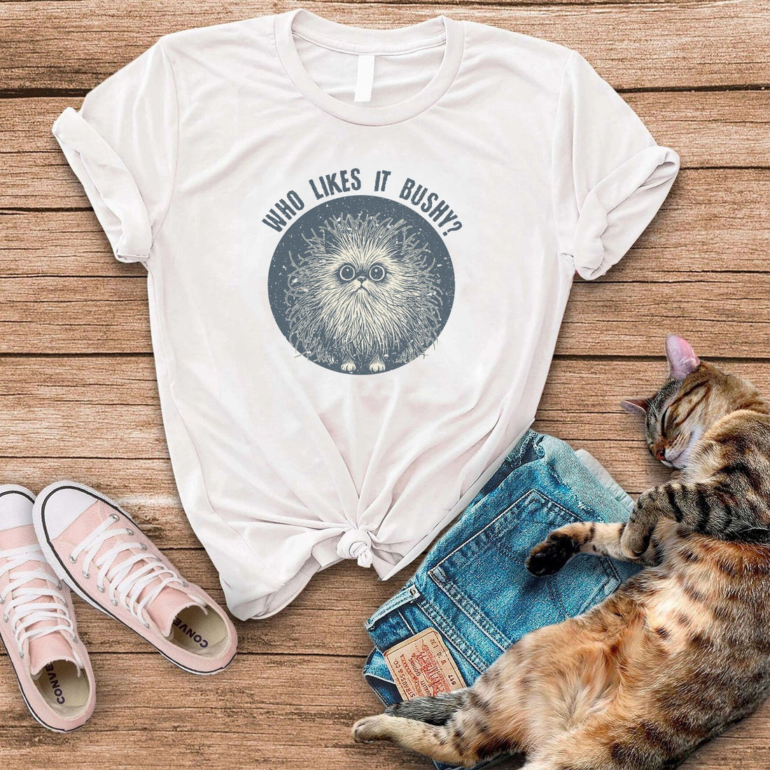 Who Likes It Bushy Funny Cat T-Shirt