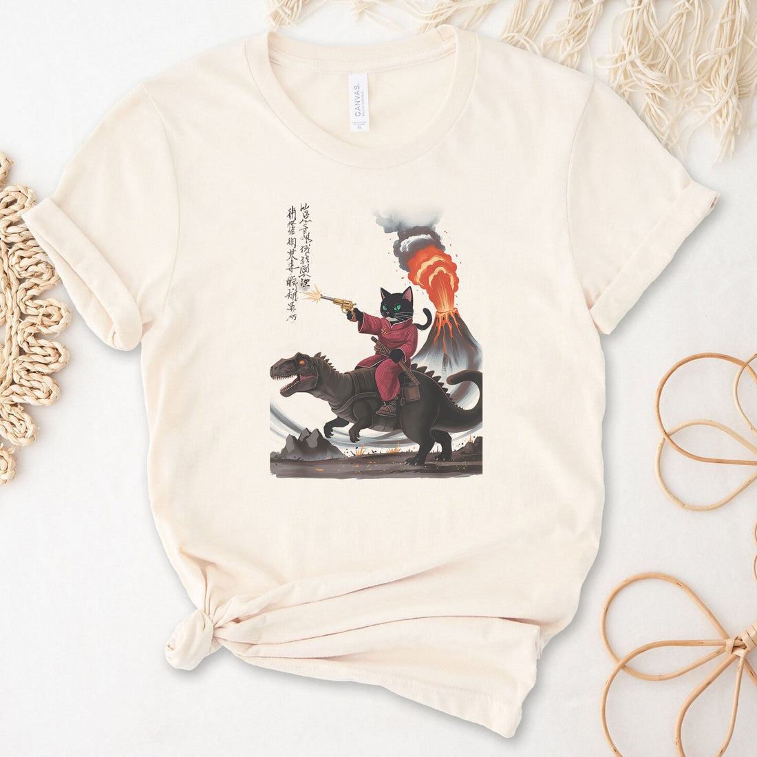 Black Cat Samurai Riding Dinosaur T-Shirt