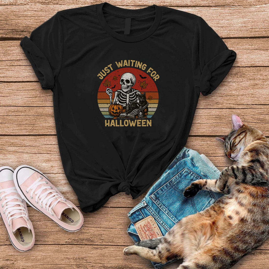 Just Waiting For Halloween Funny Cat Skeleton T-Shirt
