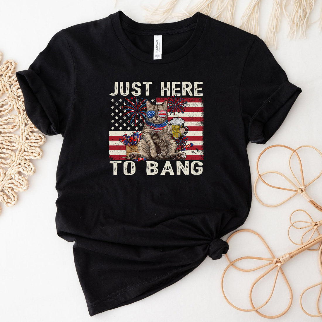 Just Here To Bang 4th Of July Cat T-Shirt