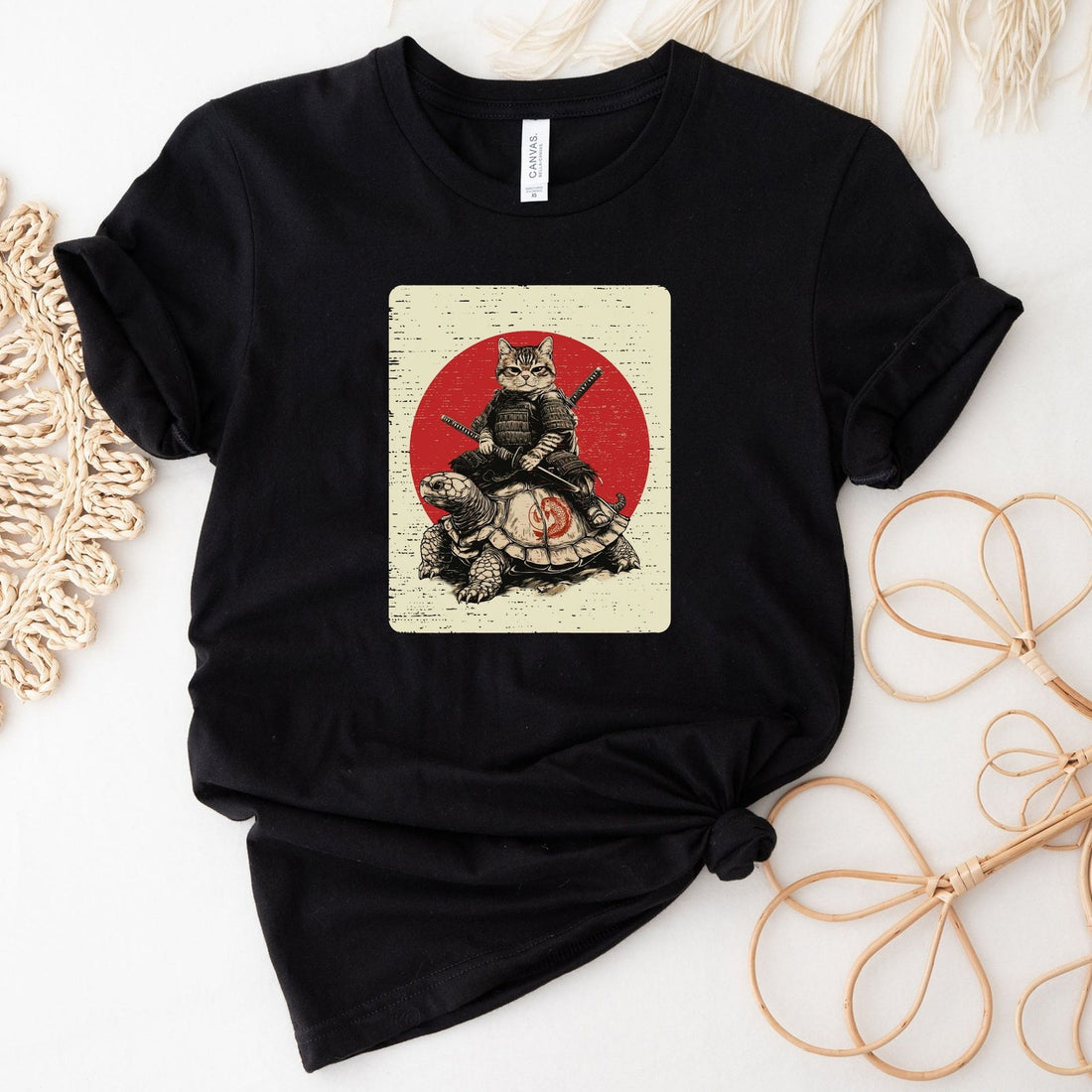 Japanese Samurai Cat on Turtle T-Shirt