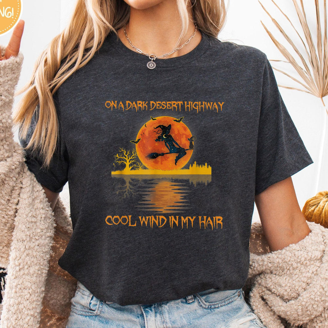 Witch Riding Brooms On A Dark Desert Highways Cat Halloween Unisex Premium Bella Canvas 3001 T-Shirt
