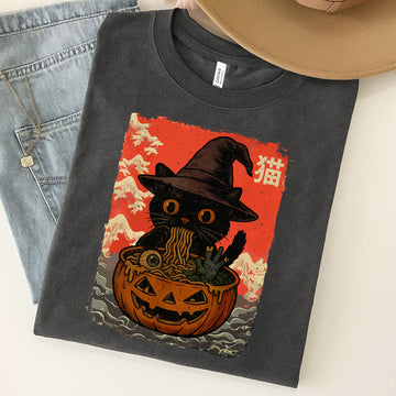 Spooky Black Cat Eating Ramen Halloween Unisex Premium Bella Canvas 3001 T-Shirt