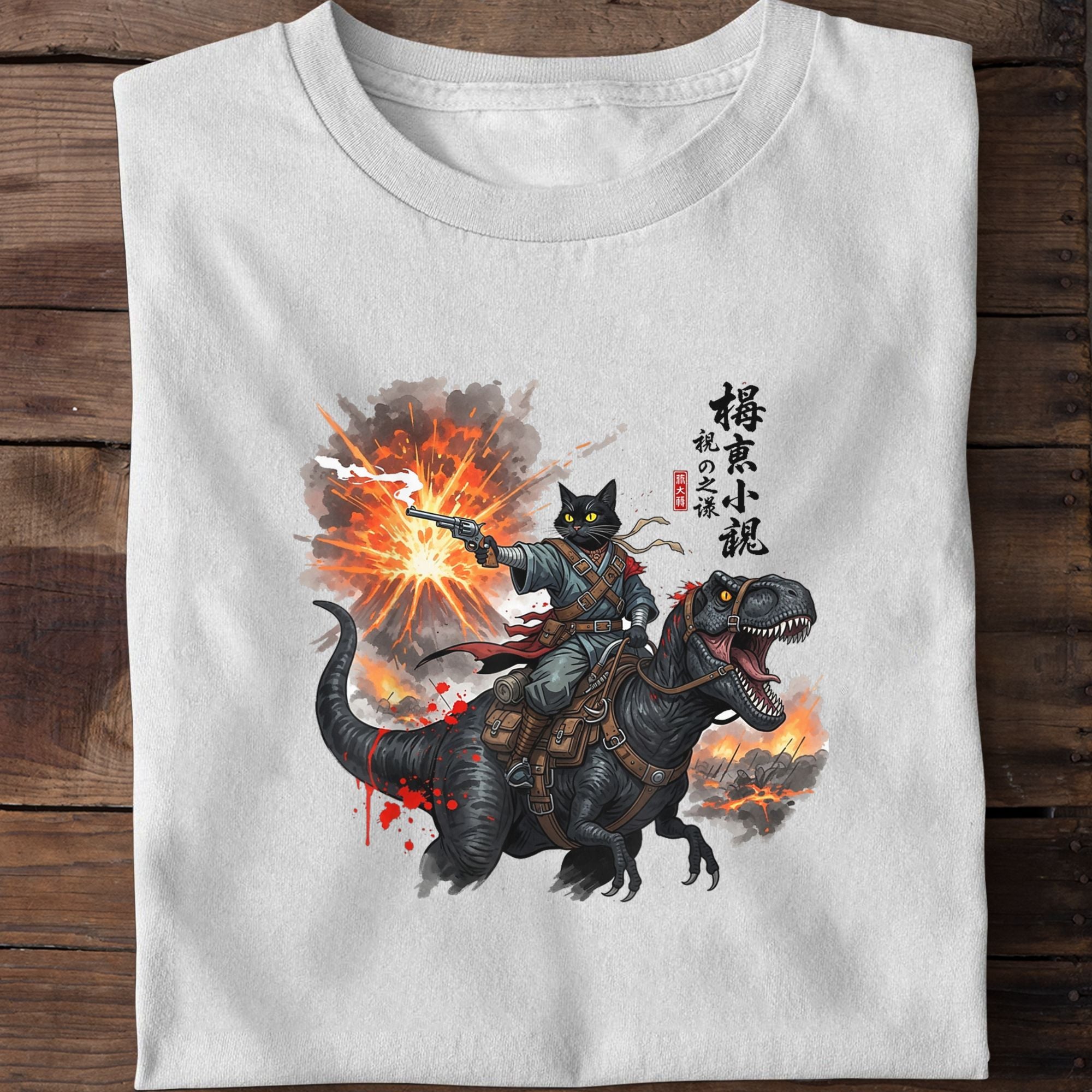 Black Cat Samurai Riding Dinosaur T-Shirt
