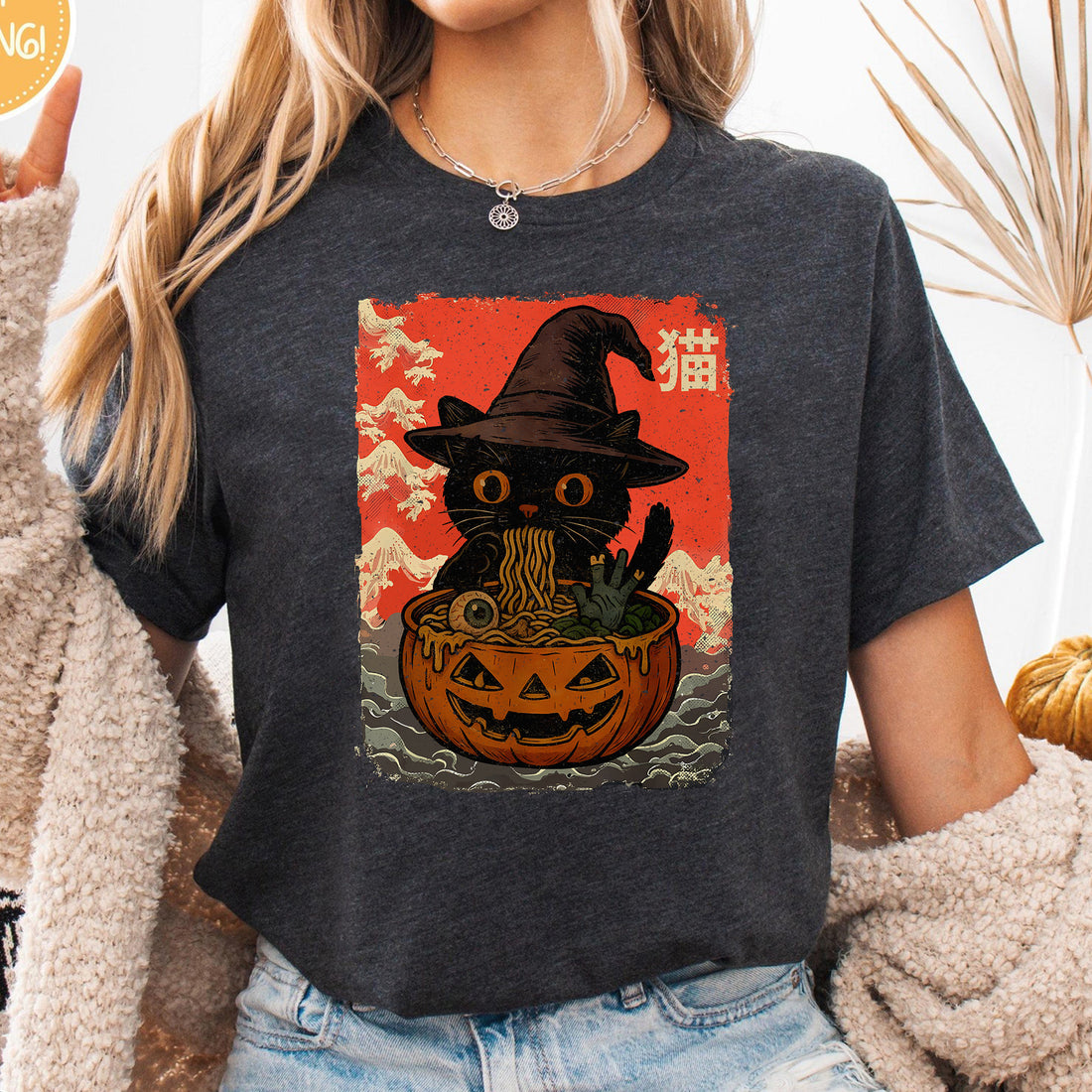 Spooky Black Cat Eating Ramen Halloween Unisex Premium Bella Canvas 3001 T-Shirt