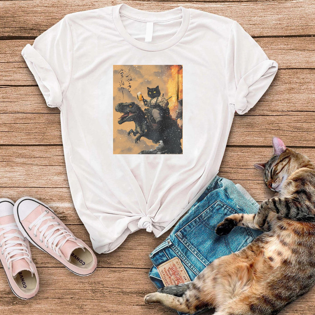 Cat Samurai Dinosaur Funny Cat T-Shirt