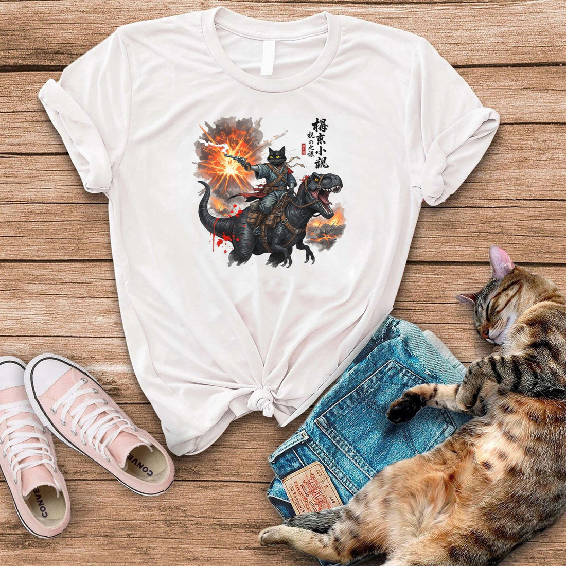 Black Cat Samurai Riding Dinosaur T-Shirt