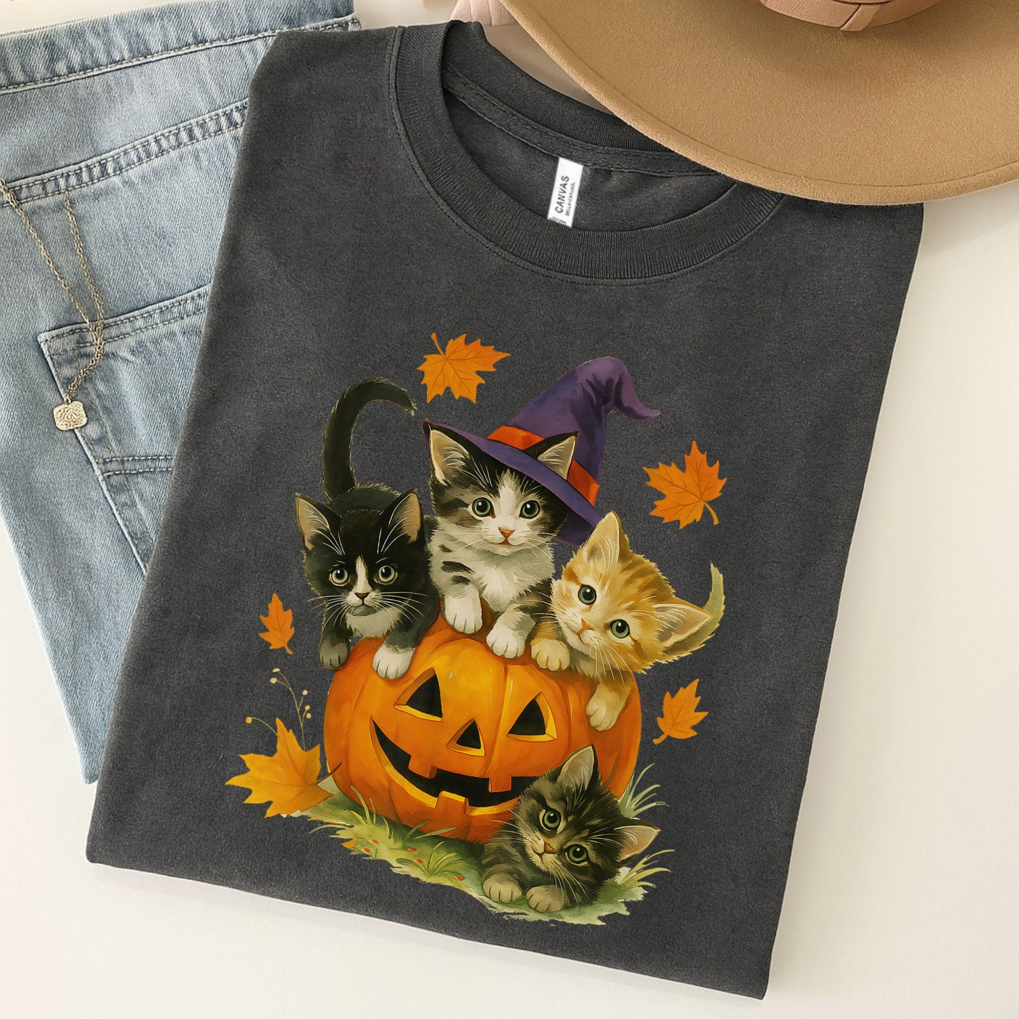 Cute Cat Pumpkin Halloween Spooky Season Unisex Premium Bella Canvas 3001 T-Shirt