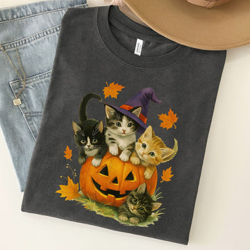 Cute Cat Pumpkin Halloween Spooky Season Unisex Premium Bella Canvas 3001 T-Shirt
