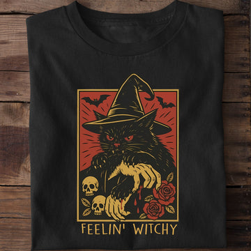 Feelin' Witchy Funny Halloween Cat T-Shirt