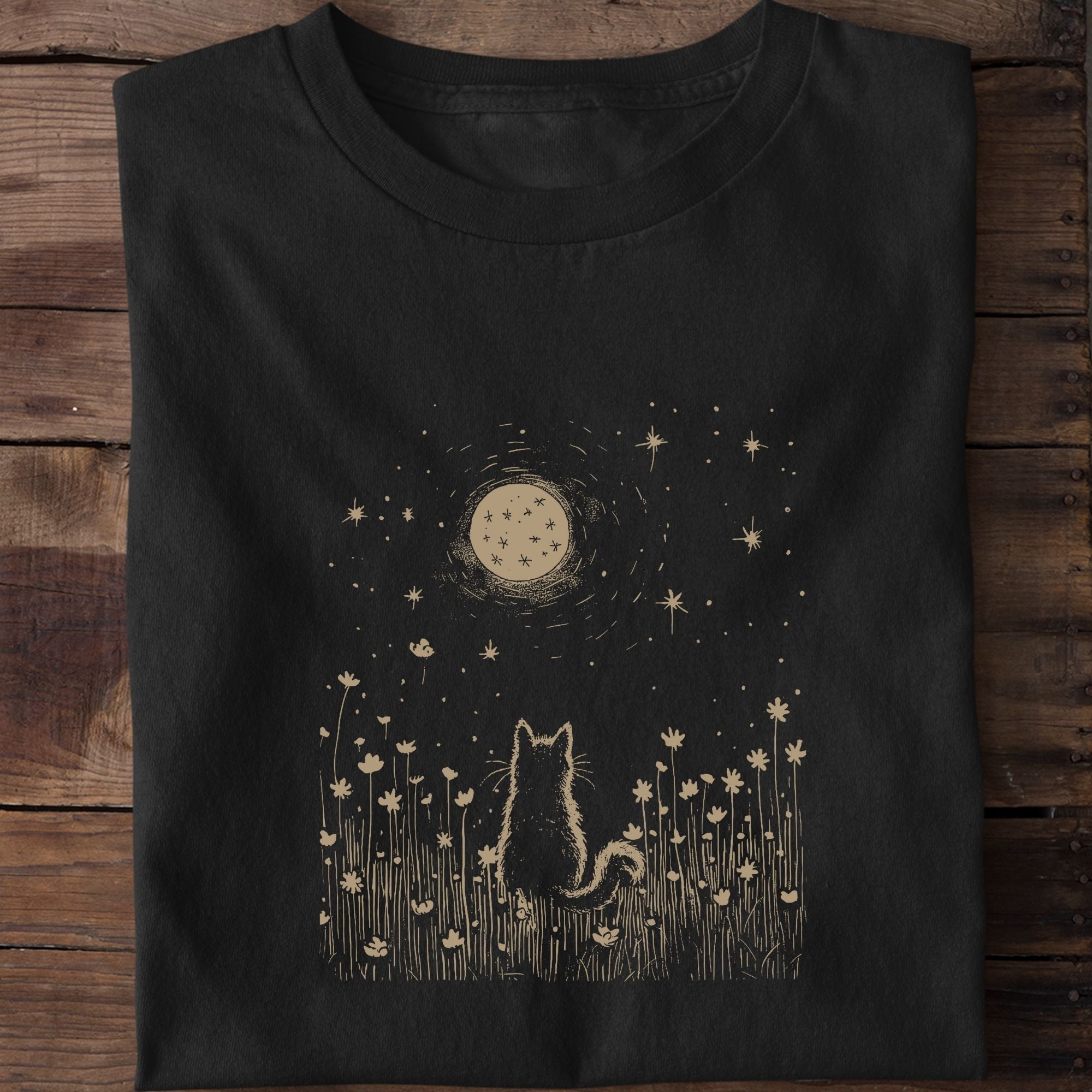 Floral Black Cat Moon T-Shirt