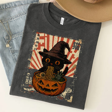Spooky Black Cat Eating Ramen Halloween Unisex Premium Bella Canvas 3001 T-Shirt