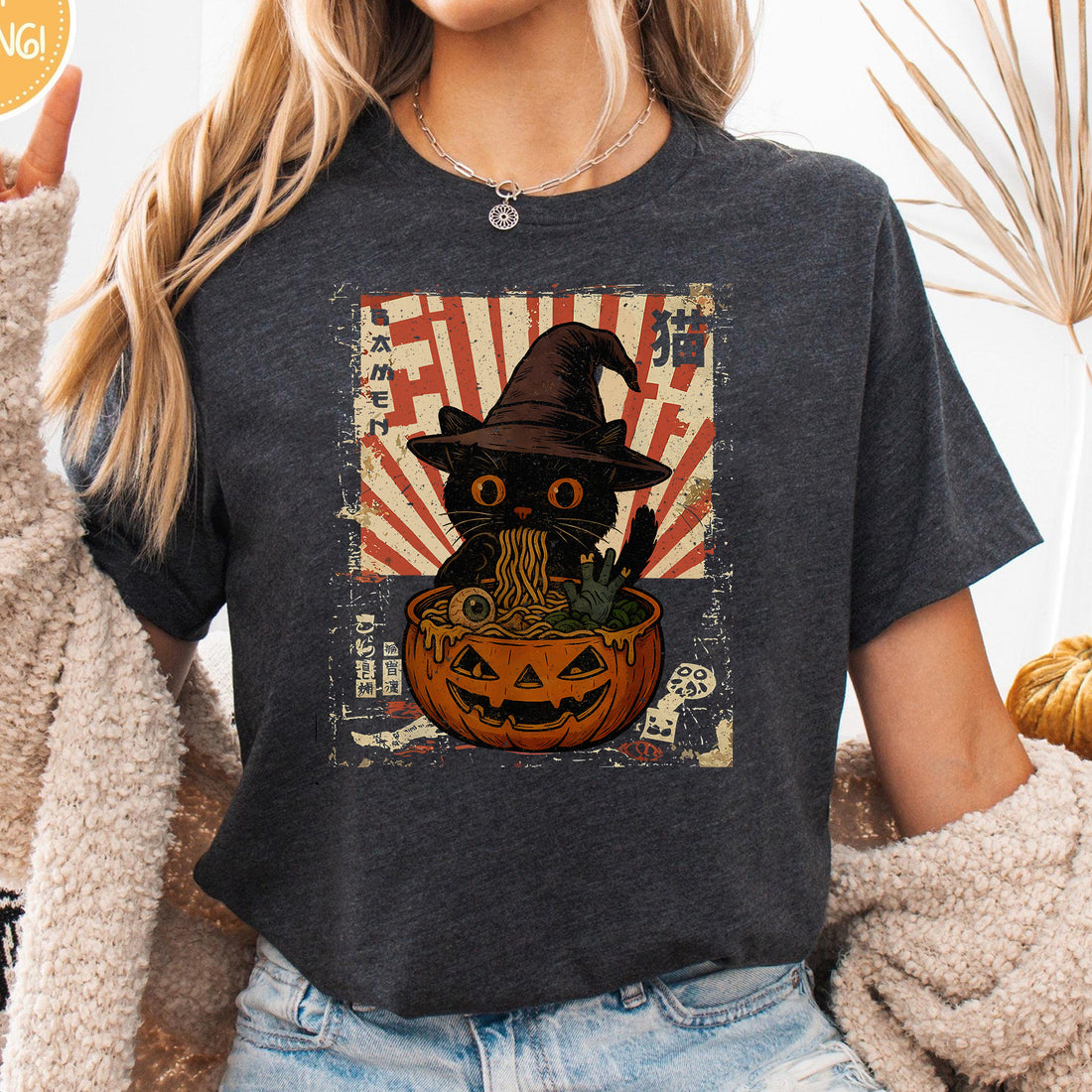 Spooky Black Cat Eating Ramen Halloween Unisex Premium Bella Canvas 3001 T-Shirt
