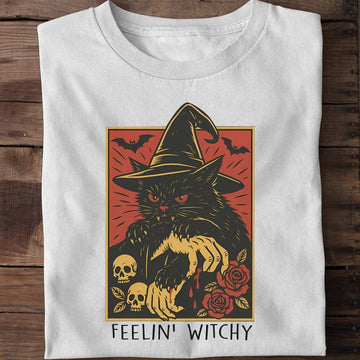 Feelin' Witchy Funny Halloween Cat T-Shirt