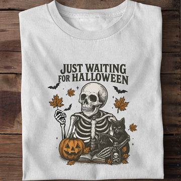 Just Waiting For Halloween Funny Cat Skeleton T-Shirt