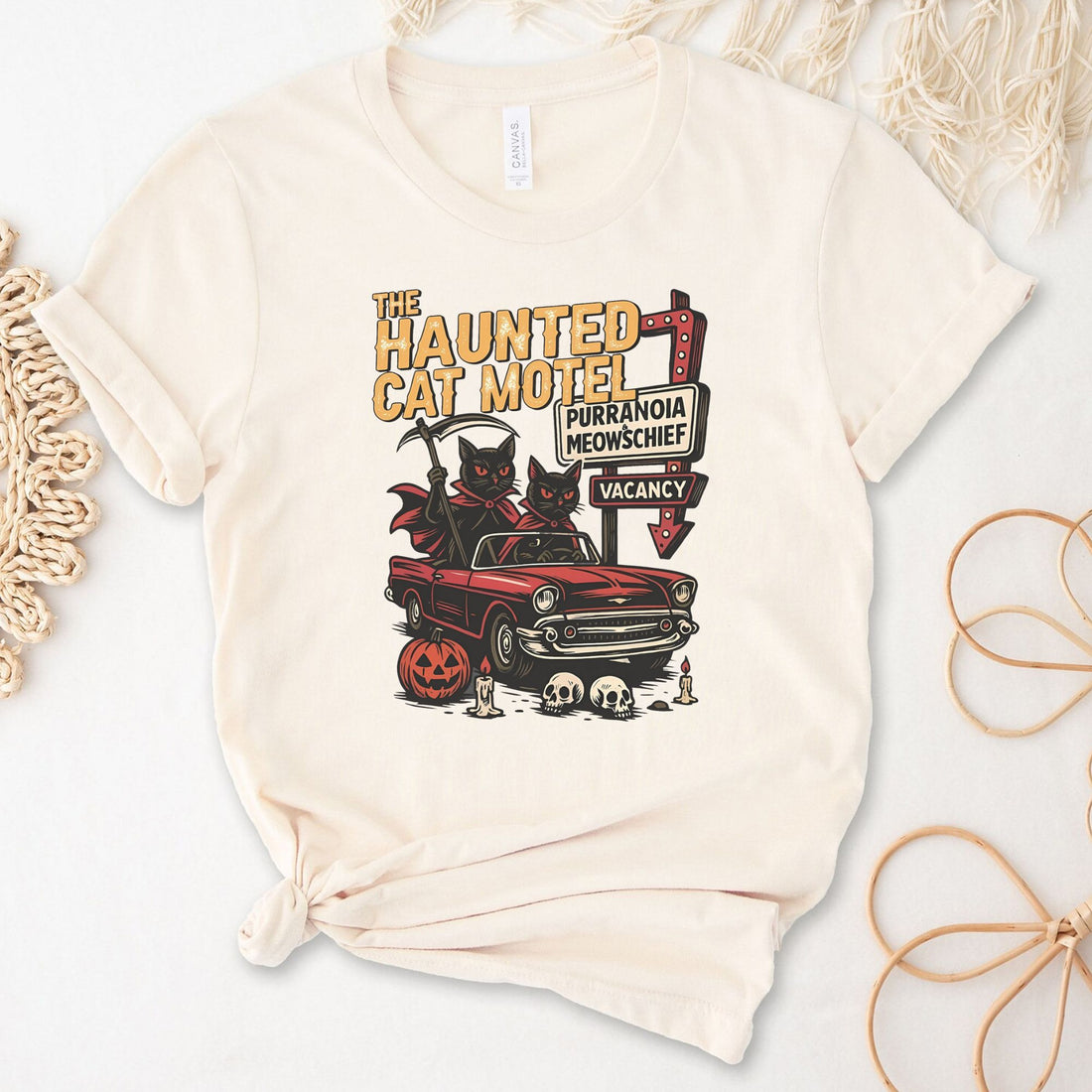 The Haunted Cat Motel Classic Car Unisex Premium Bella Canvas 3001 T-Shirt