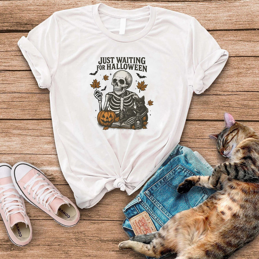 Just Waiting For Halloween Funny Cat Skeleton T-Shirt