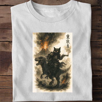 Black Cat Samurai Riding Dinosaur T-Shirt