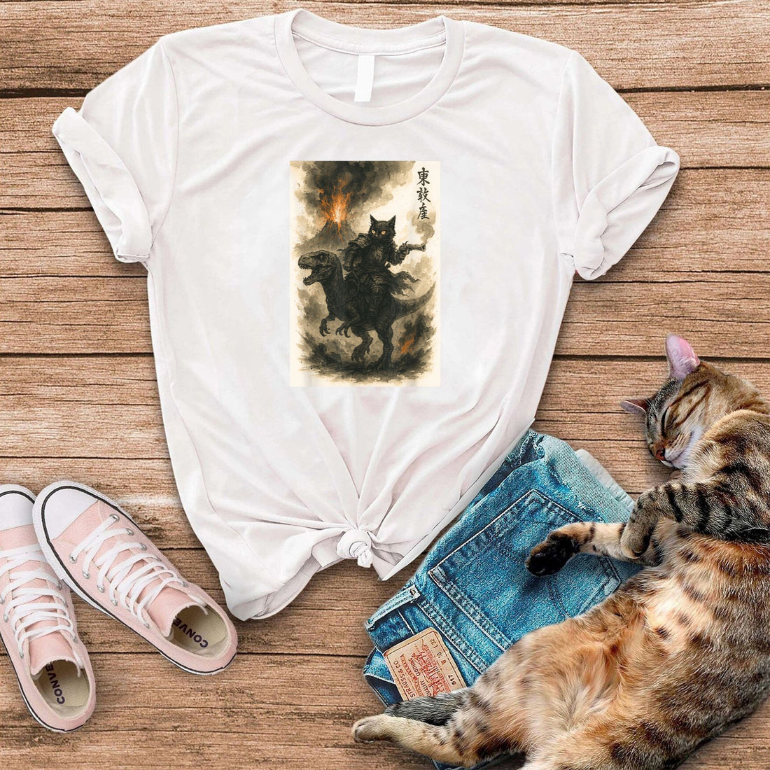 Black Cat Samurai Riding Dinosaur T-Shirt