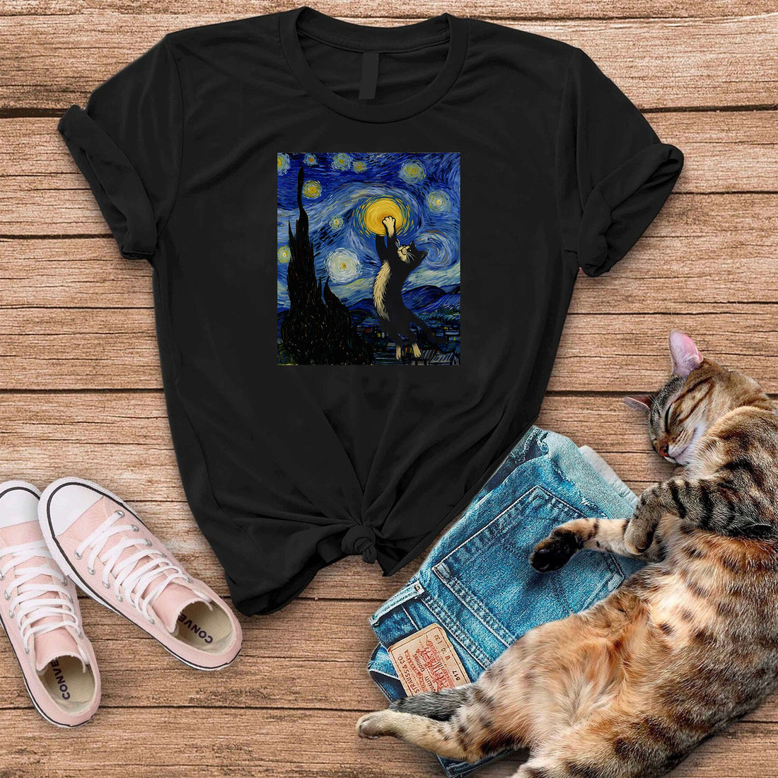 Black Cats Starry Night  T-Shirt