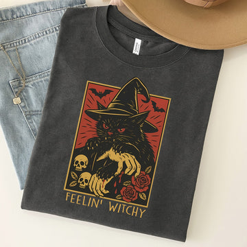 Feeling Witchy Black Cat Halloween Unisex Premium Bella Canvas 3001 T-Shirt