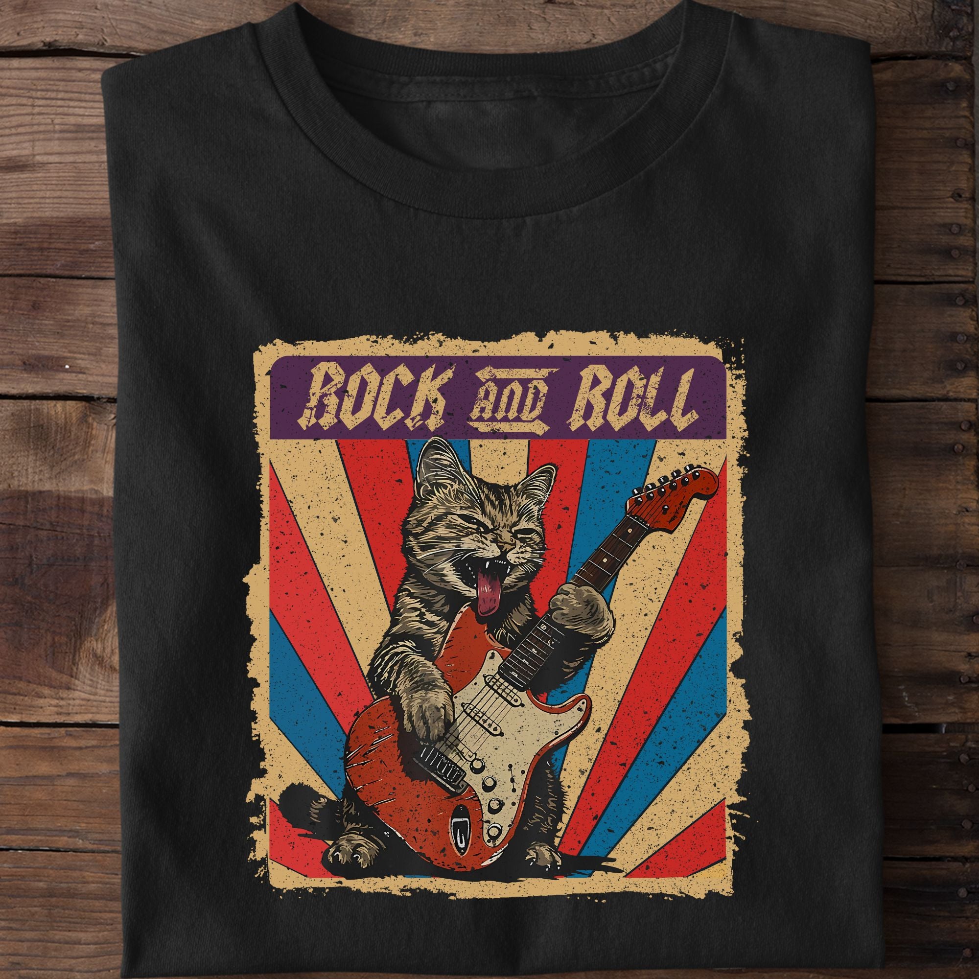 Rock And Roll Funny Guitar Cat T-Shirt