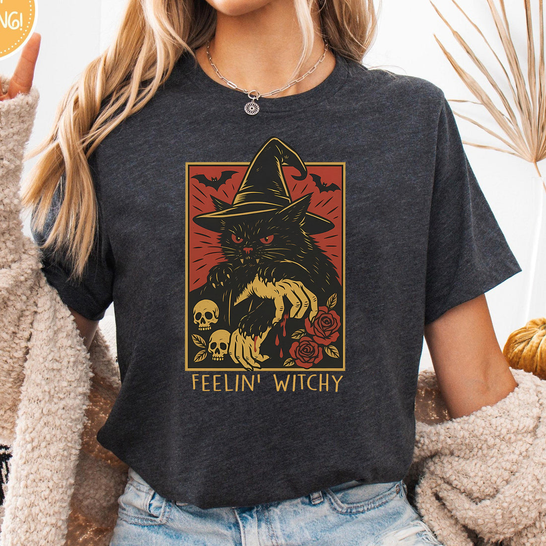 Feeling Witchy Black Cat Halloween Unisex Premium Bella Canvas 3001 T-Shirt