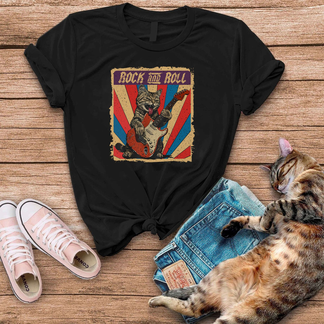 Rock And Roll Funny Guitar Cat T-Shirt