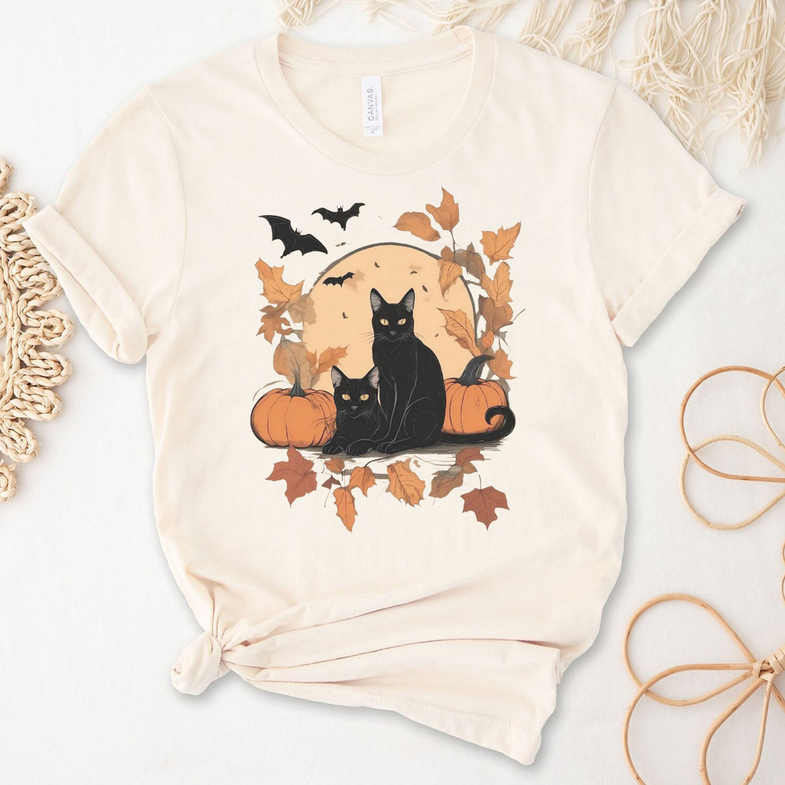 Halloween Black Cat Pumpkin Unisex Premium Bella Canvas 3001 T-Shirt