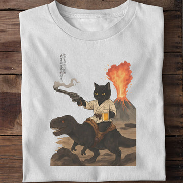 Black Cat Riding Dinosaur With Beer T-Shirt